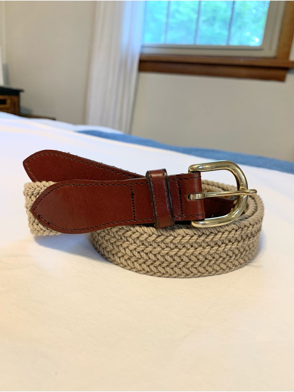 Tan Woven Belt with Leather Trim - 40.